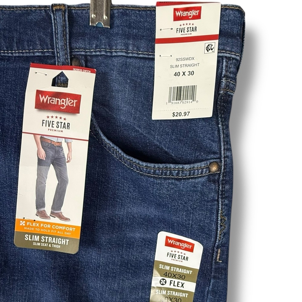 Wrangler 5-Pocket Slim‎ Straight Denim Jeans Men's Size 40x30 Flex Stretch New - Picture 3 of 8